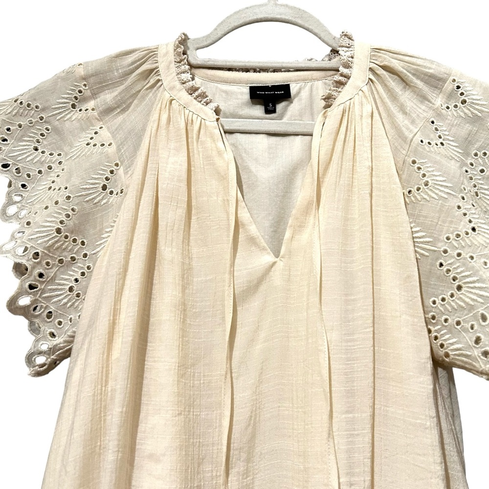 Who What Wear Women's Shift Dress Size Small Ivory Flutter Sleeve Eyelet Boho - Picture 6 of 7